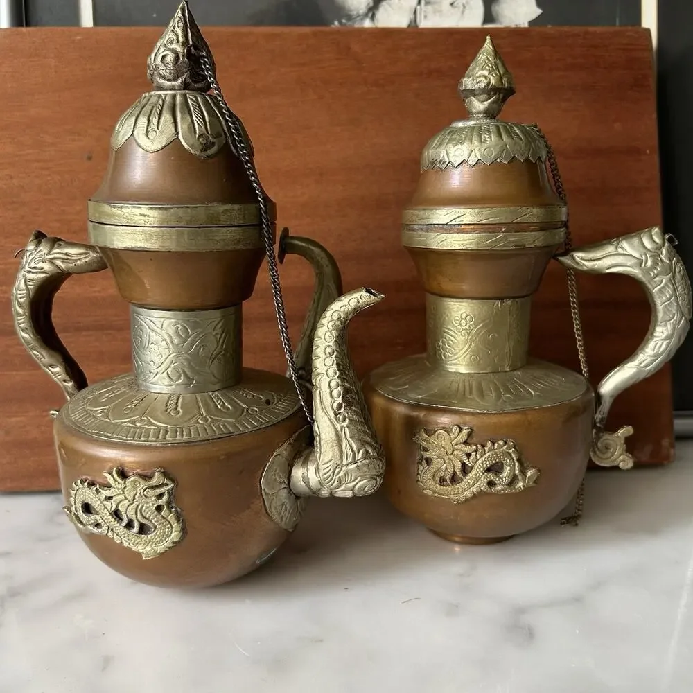 Vintage Tibetan Style Metal Dragon Decanter Pair MCM Asian Boho Home Decor